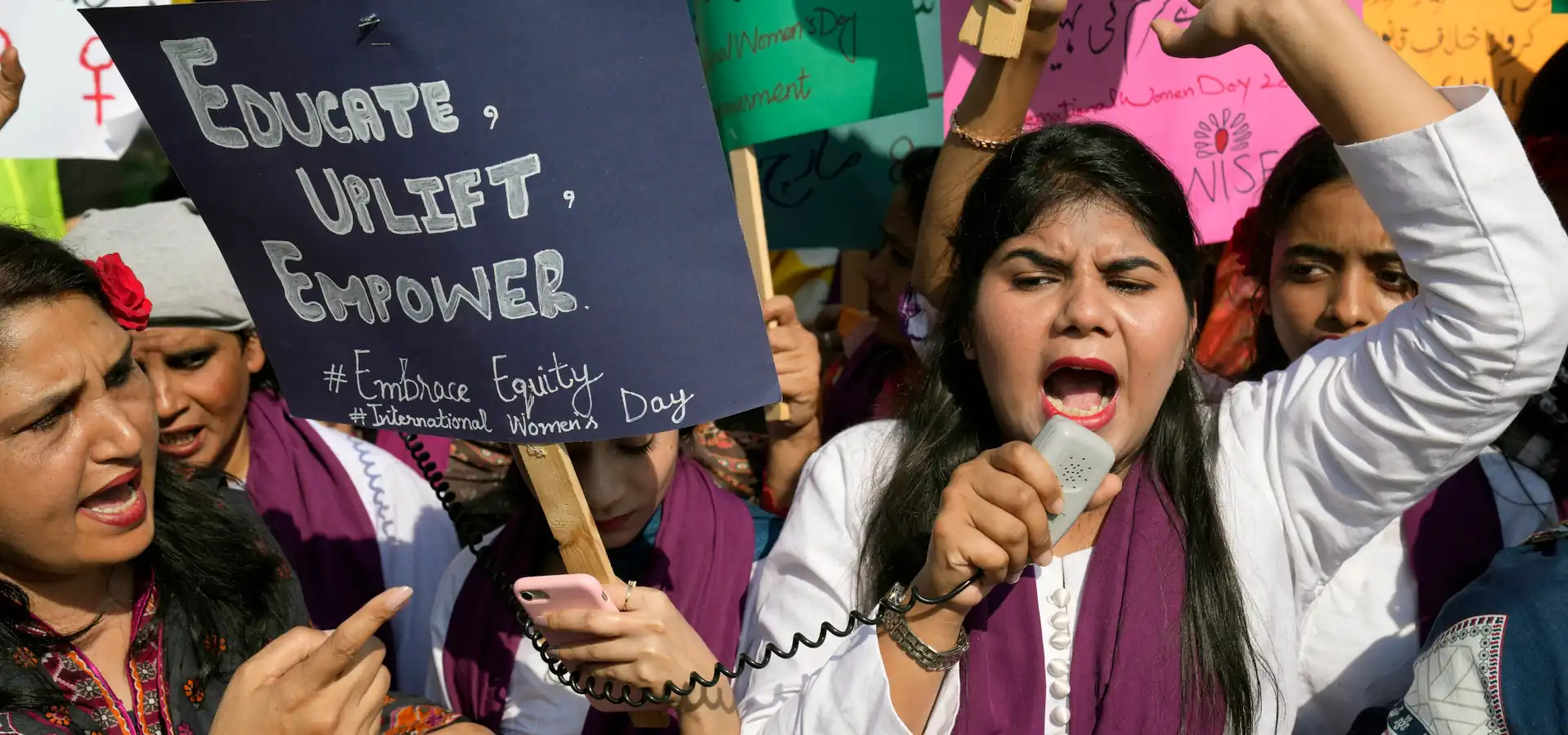 Pakistani women protest against gender discrimination and for gender equality on International Women's Day